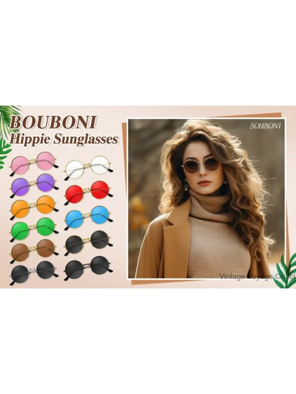 Women's Round Retro Hippie Sunglasses with Glasses Cloth and Bag
